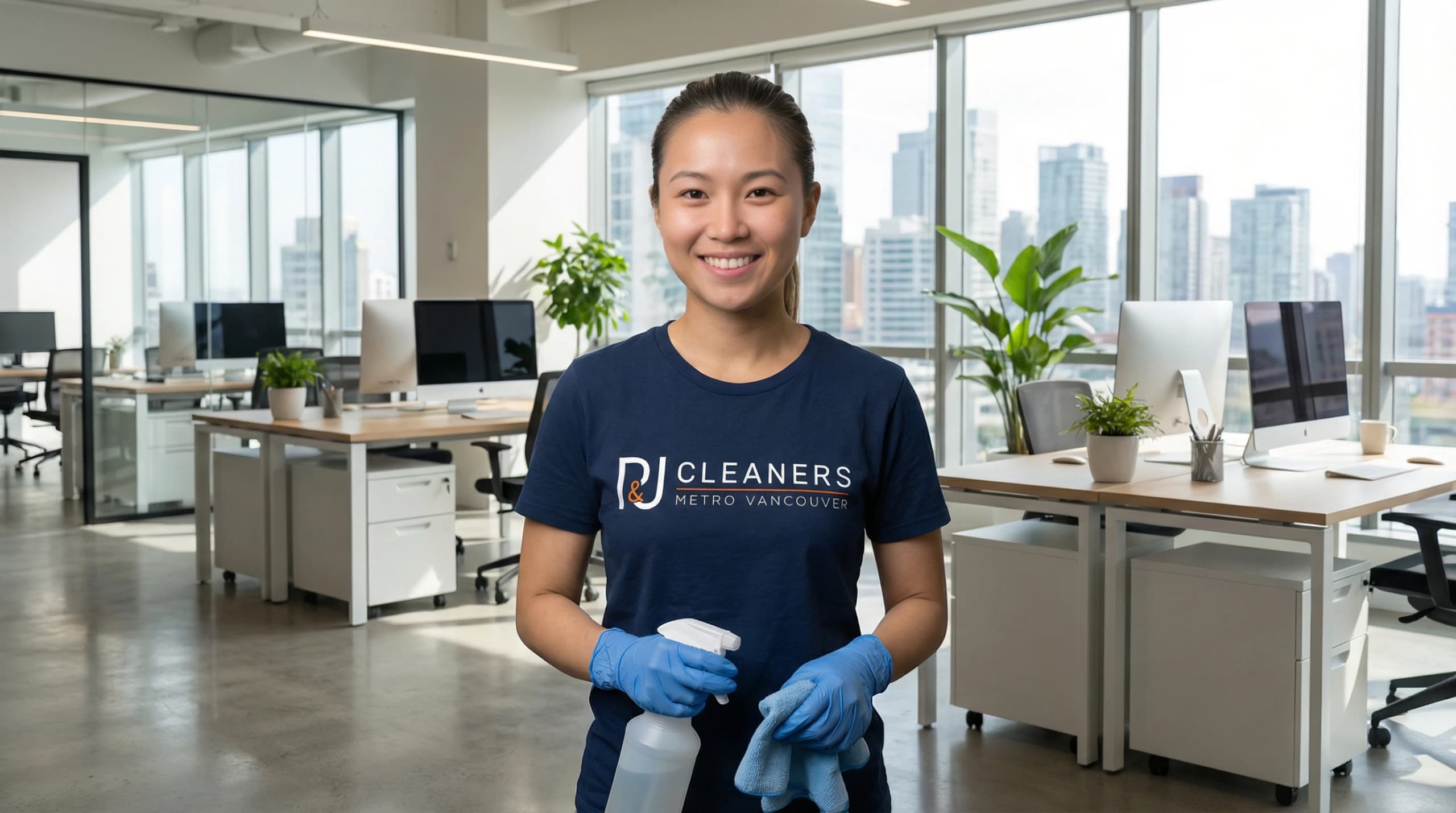Smiling cleaner holding spray bottle cloth in modern office setting