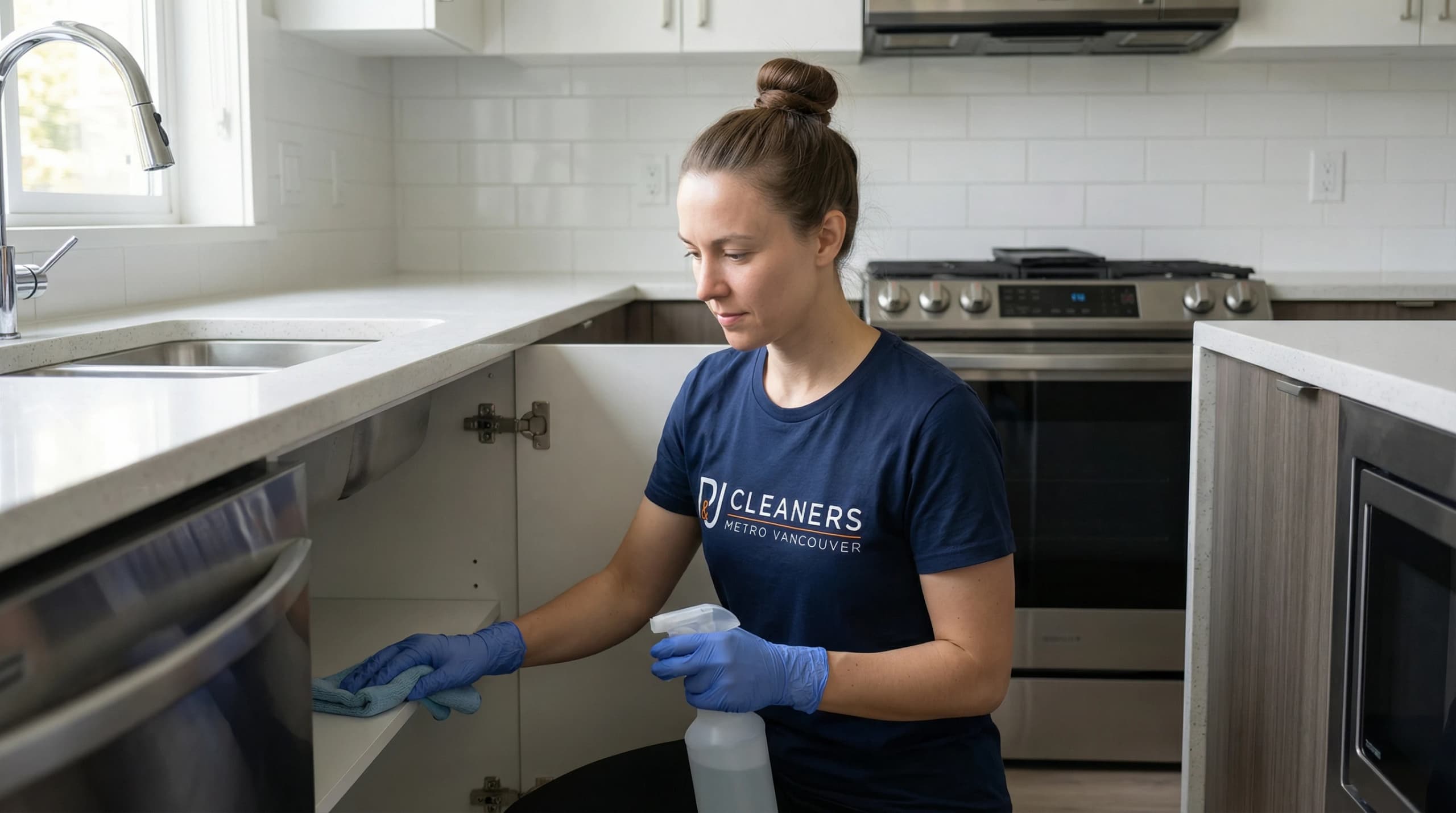 Cleaner wiping cabinet interior with hydrogen peroxide solution in bright modern kitchen