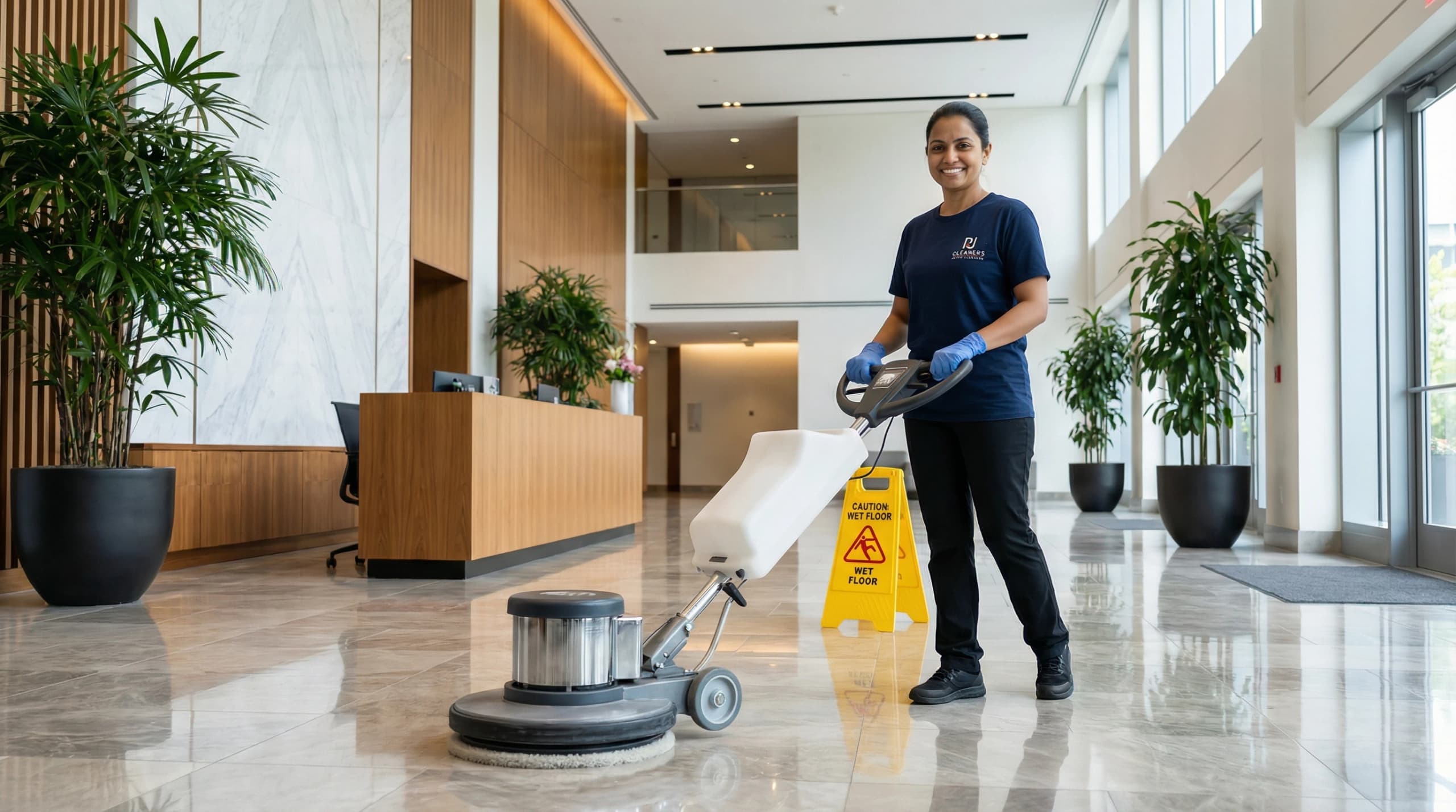 Smiling cleaner buffs marble floor in bright modern office lobby