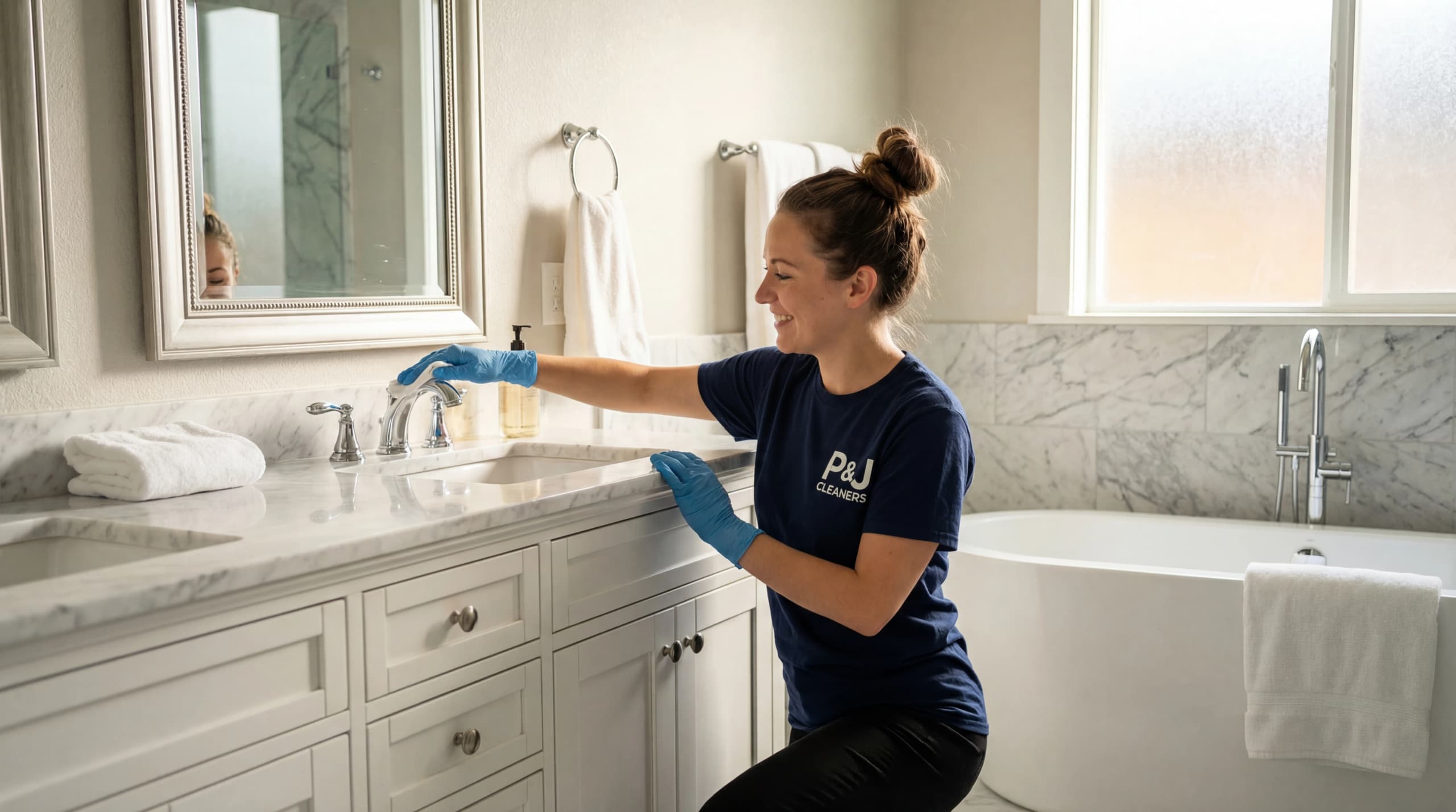 Smiling cleaner wiping faucet in bright, modern bathroom