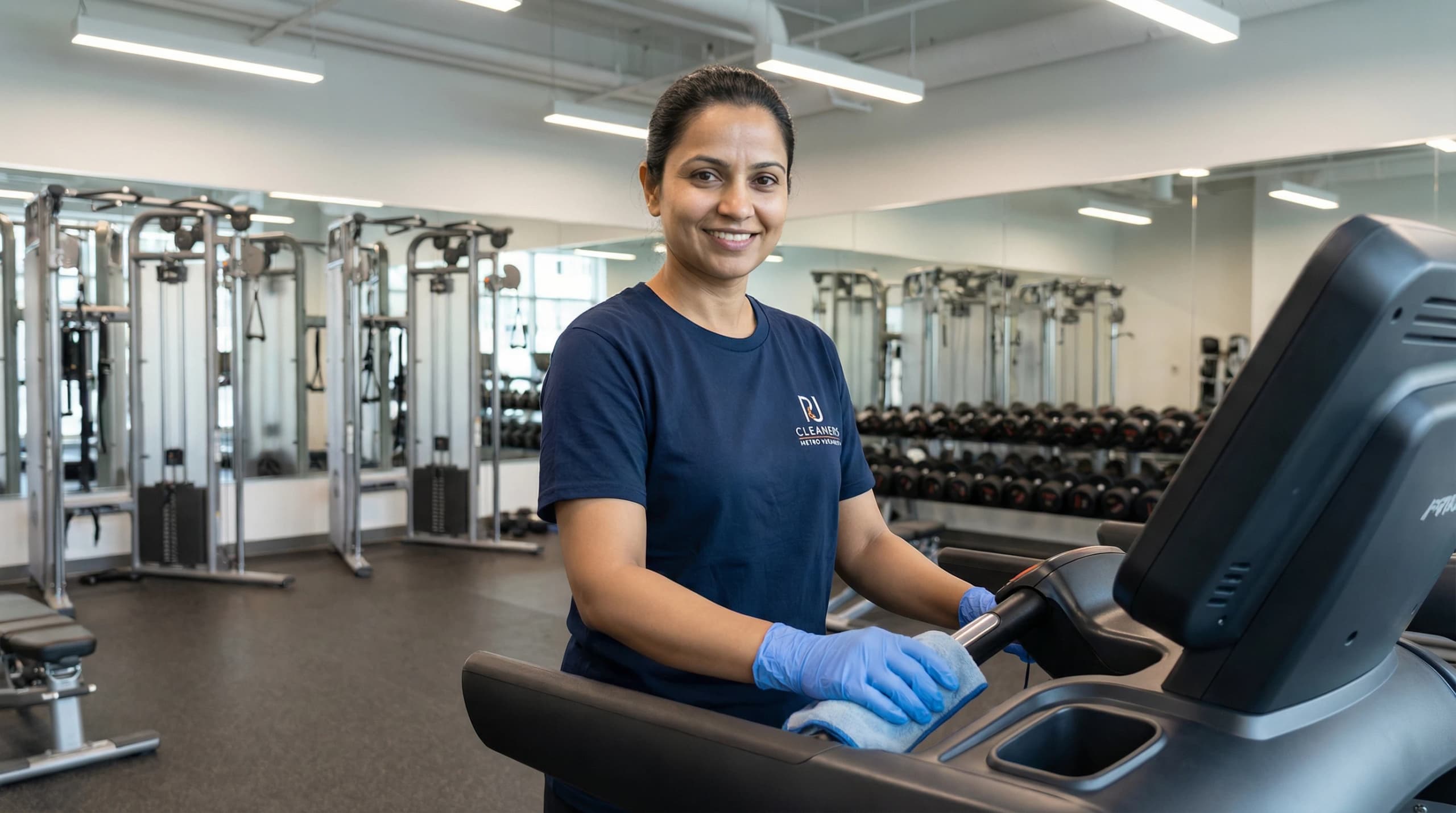 Professional cleaner sanitizing equipment in modern fitness space demonstrating thorough service standards