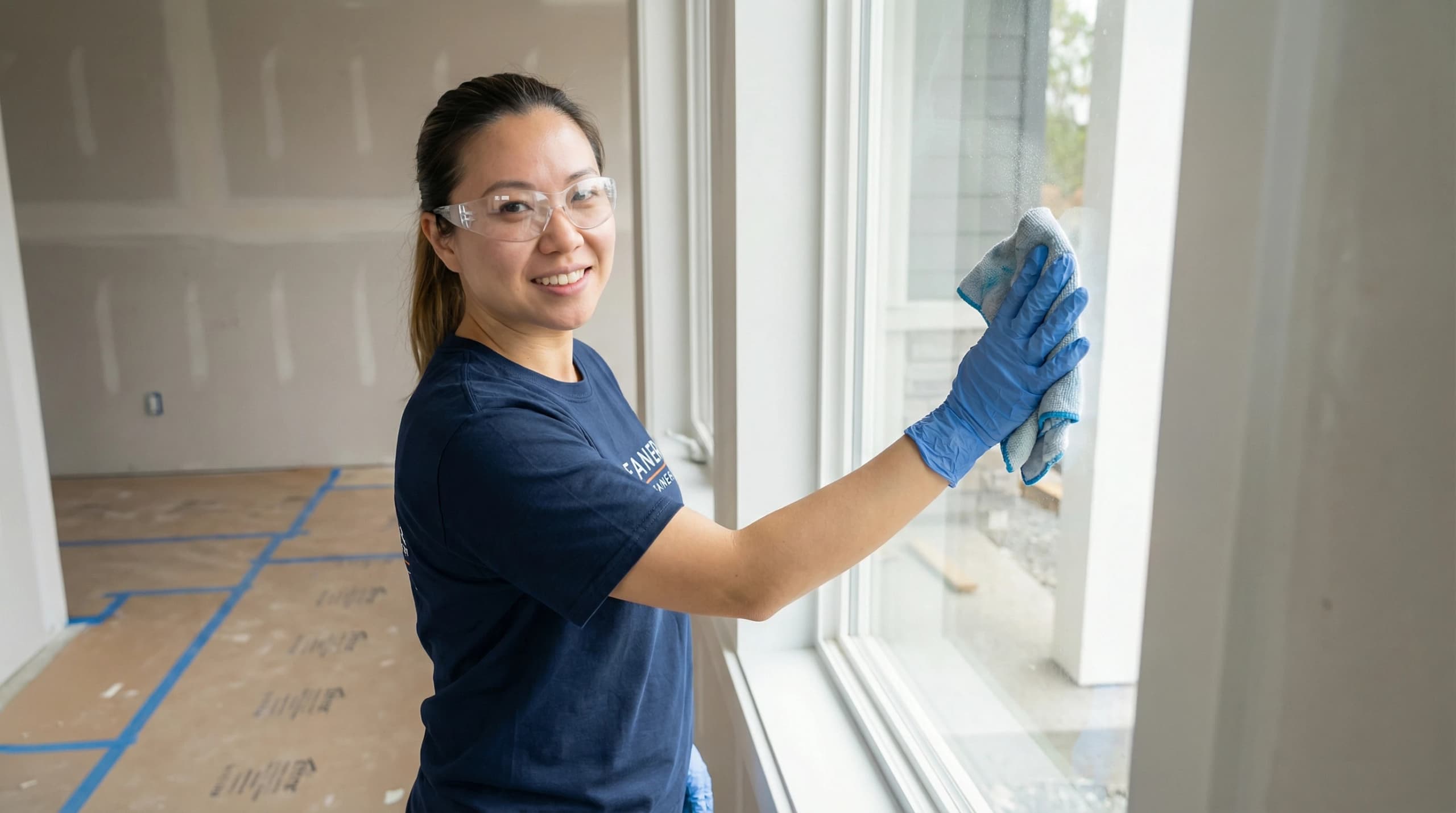 Cleaner wiping window in new construction, ensuring spotless results and customer satisfaction.