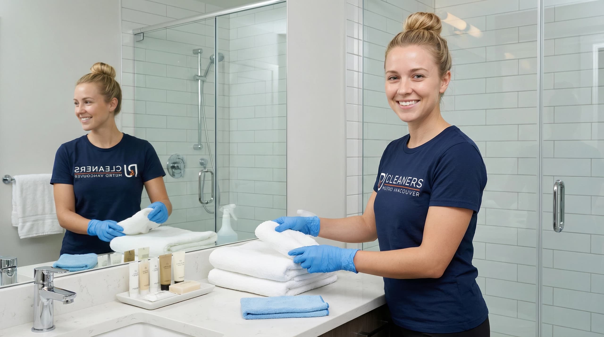 Smiling cleaner stacks fresh towels in bright, modern bathroom with glass shower