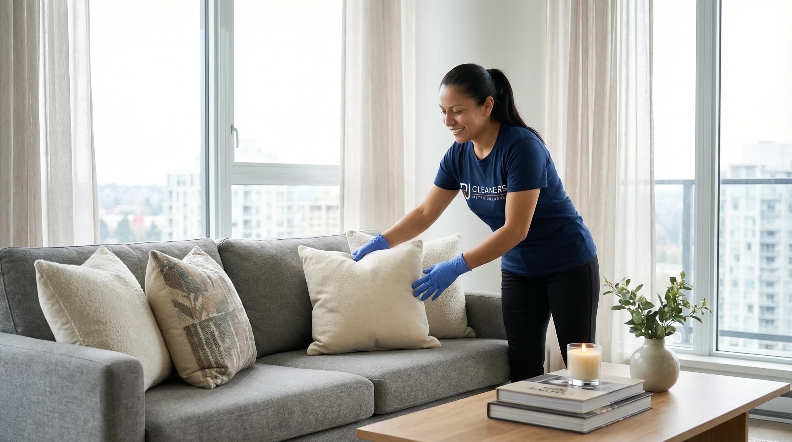 Cleaner arranging pillows in bright, well-ventilated modern apartment living room