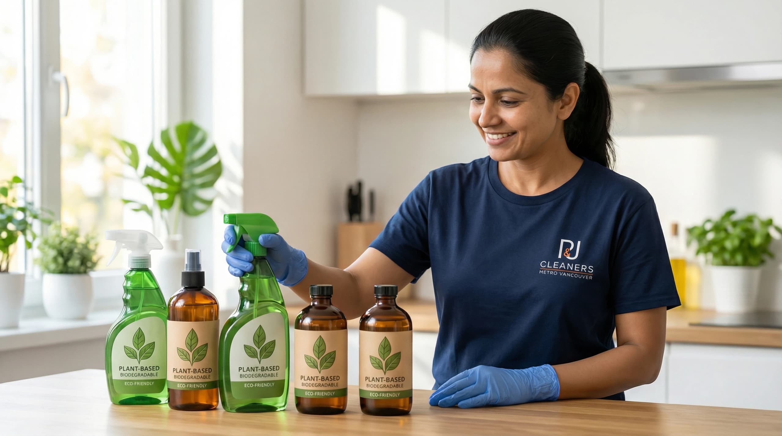 Cleaner arranging essential oil bottles and plant-based cleaning products on kitchen counter