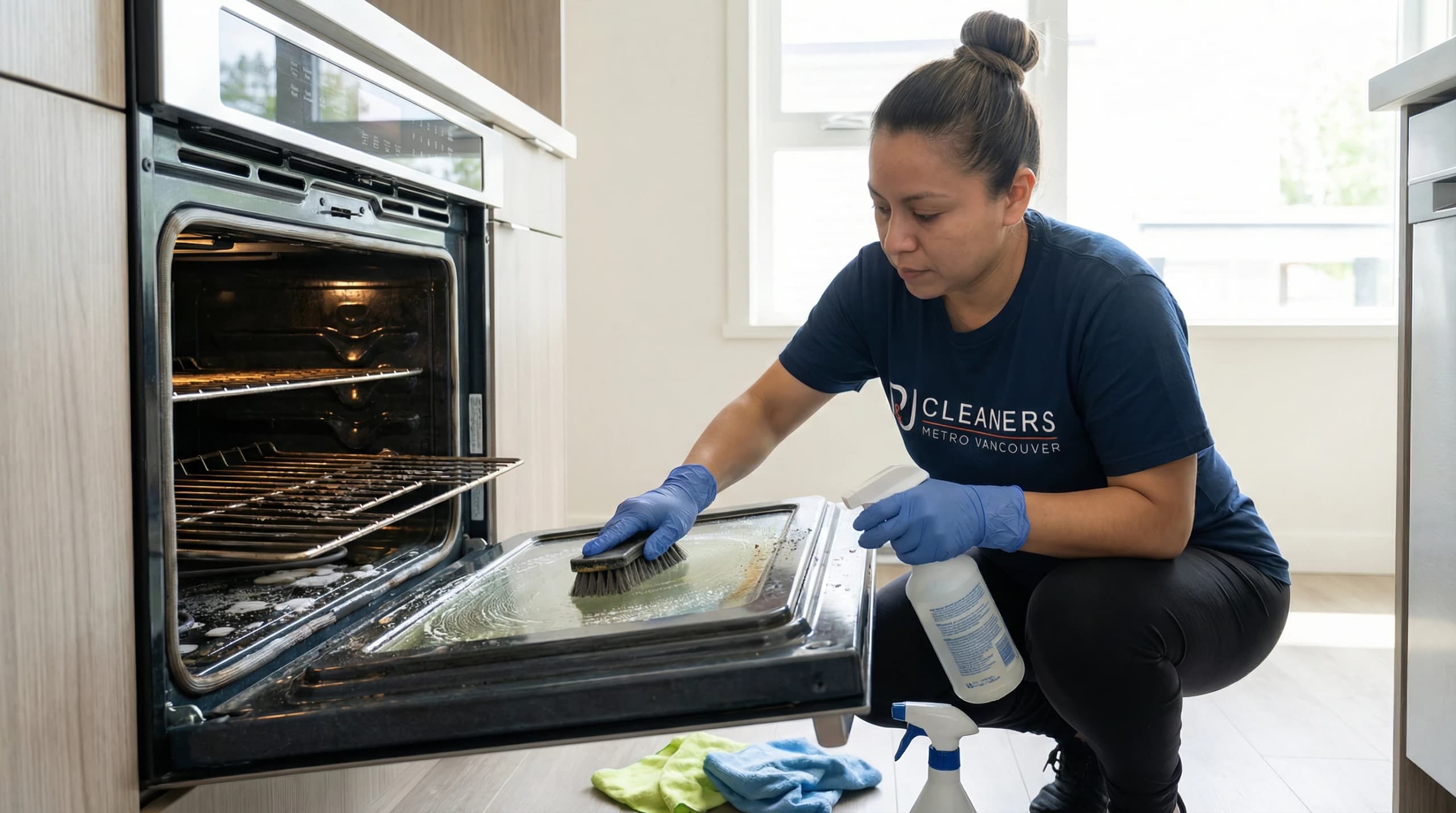Cleaner scrubbing oven door with oxygen bleach paste and brush in modern kitchen
