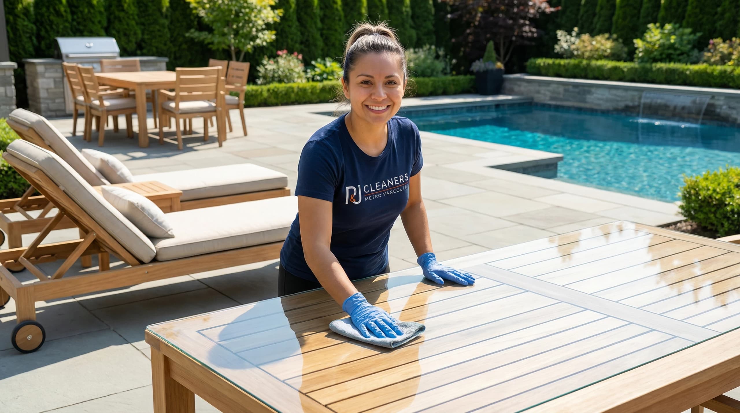 Smiling cleaner wiping down outdoor table on patio near pool