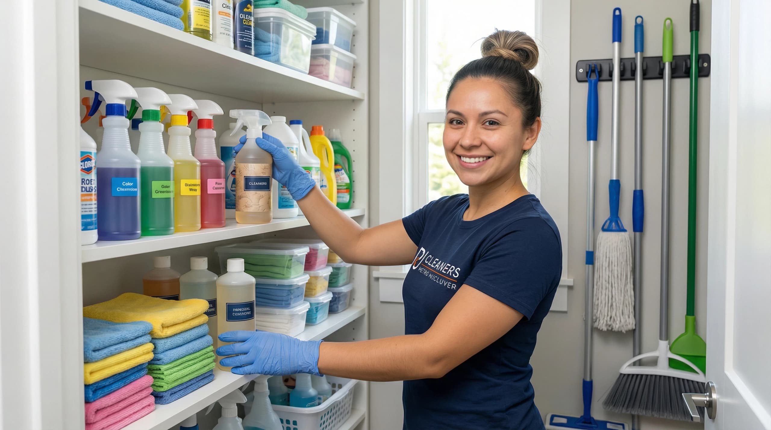 Professional cleaner organizing supplies in well-arranged closet with labeled containers
