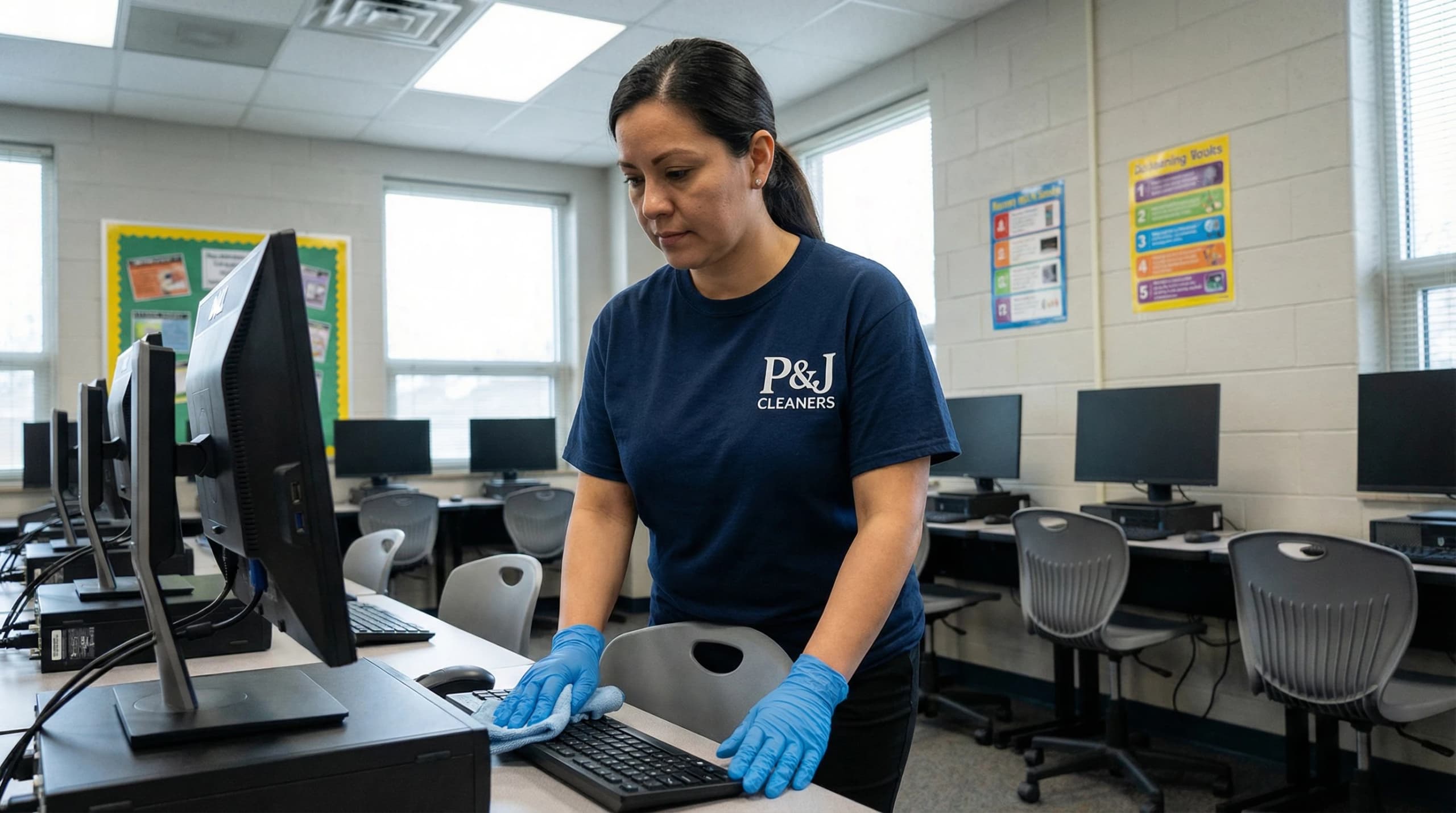 Cleaner using eco-friendly products upon request to sanitize computer keyboard in Vancouver school lab