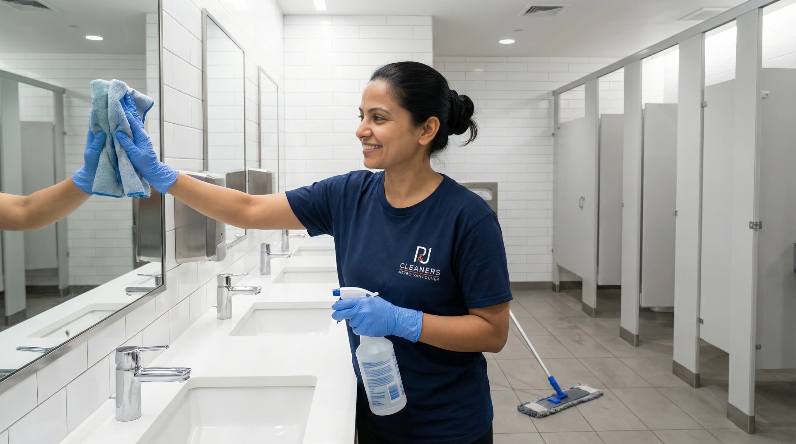 Cleaning professional wiping mirror in commercial restroom with spray bottle and cloth.