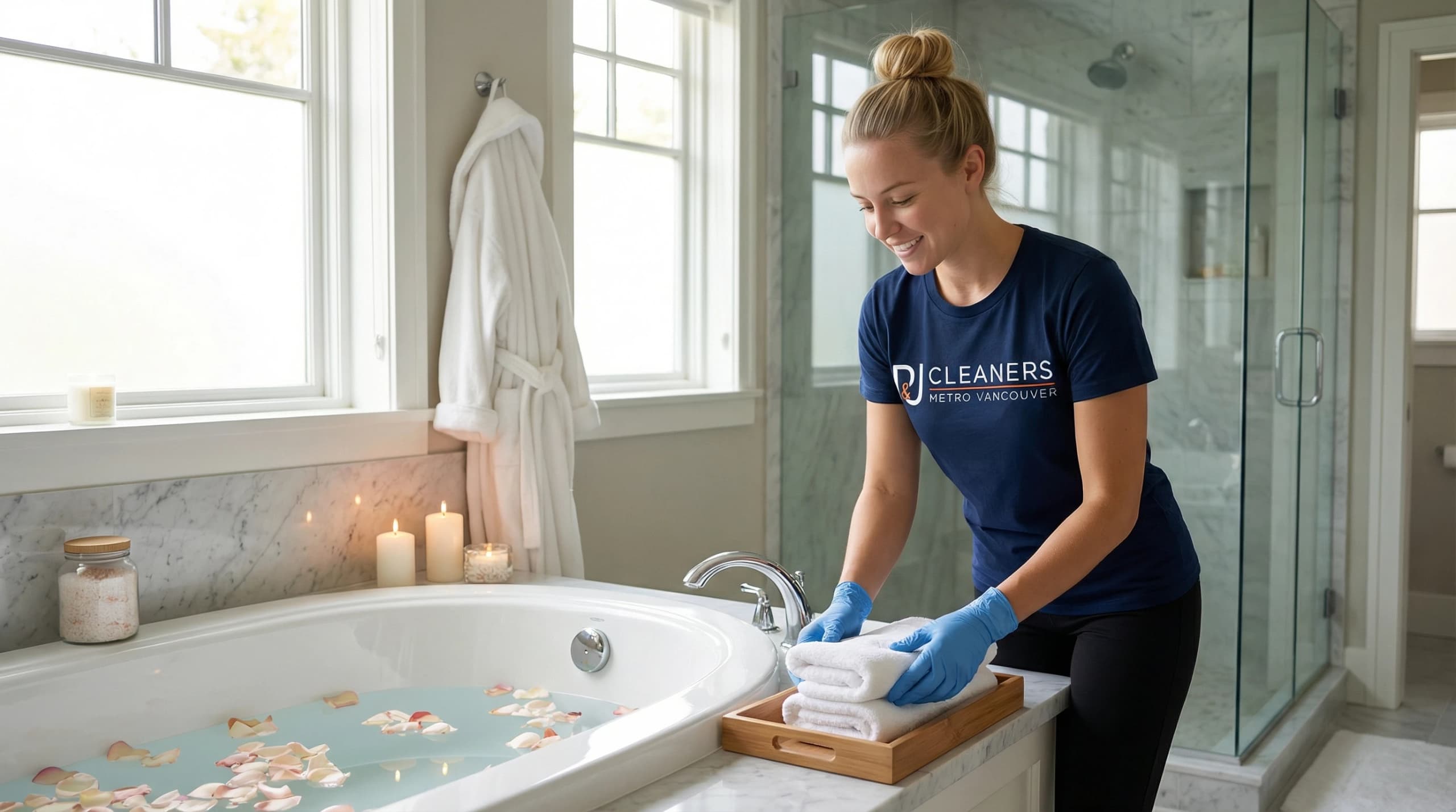 Smiling cleaner places fresh towels next to a luxurious, flower-filled bathtub