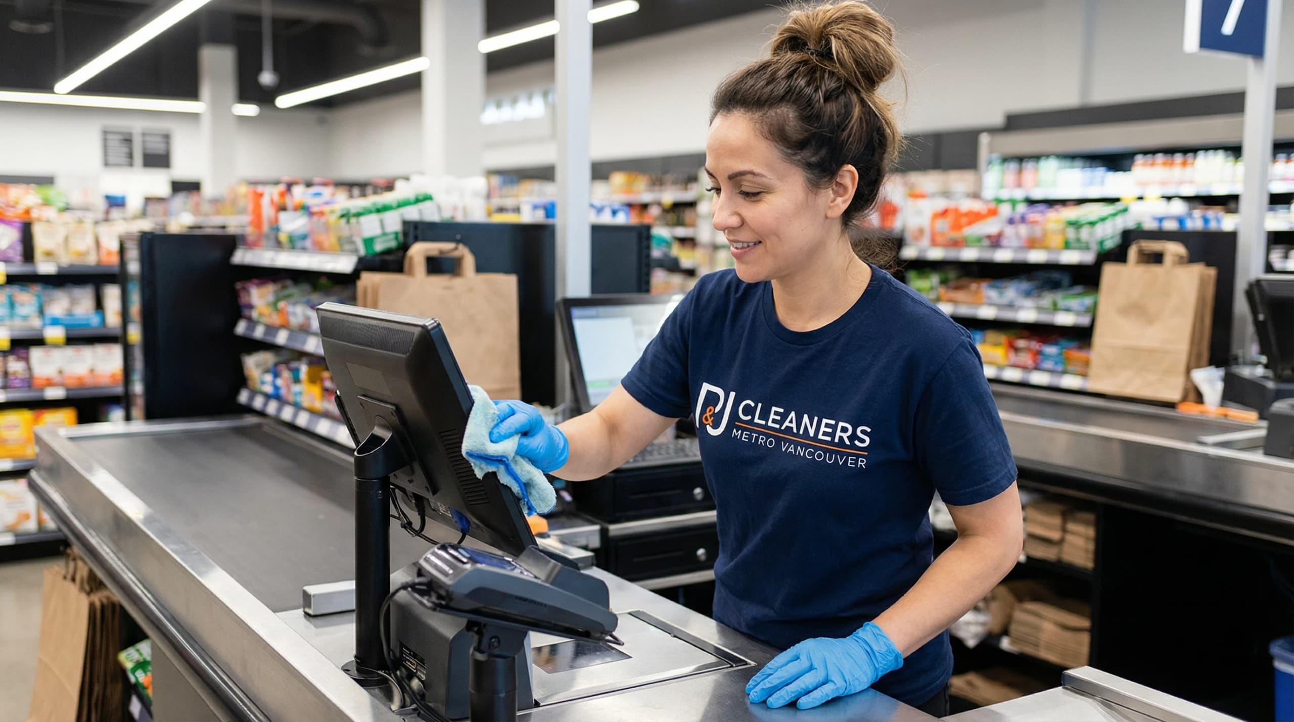 Professional cleaner sanitizing retail checkout counter with disinfectant spray and microfibre cloth