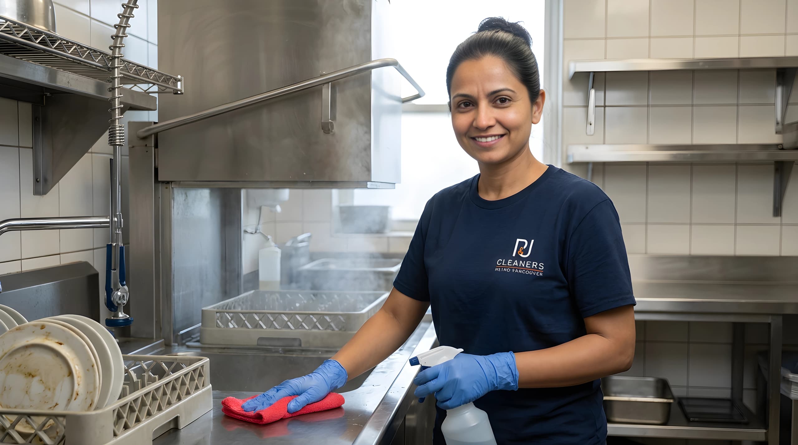 Professional cleaner sanitizing stainless steel commercial kitchen surfaces with eco-friendly products upon request