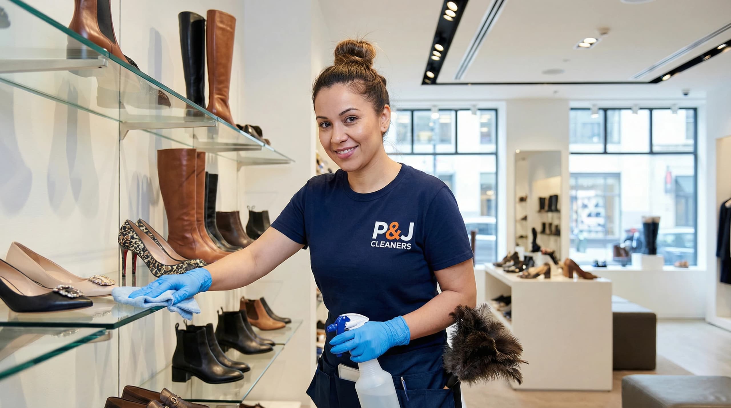 Cleaner wiping shelves in upscale shoe store, holding spray bottle and duster.