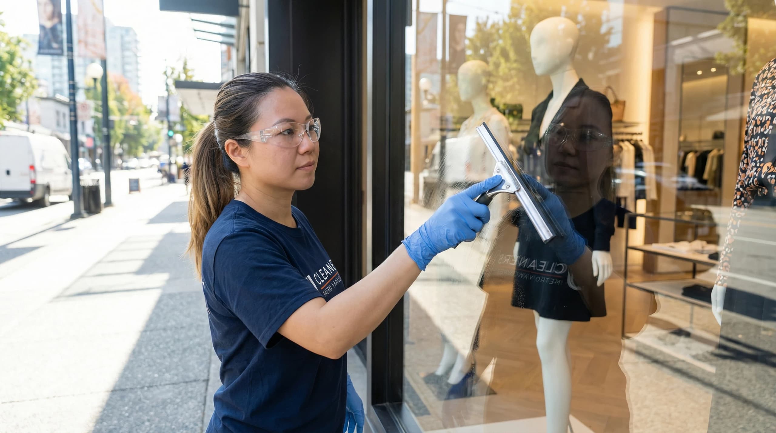 Cleaner squeegees storefront window, showcasing mannequins and clothing inside the shop.