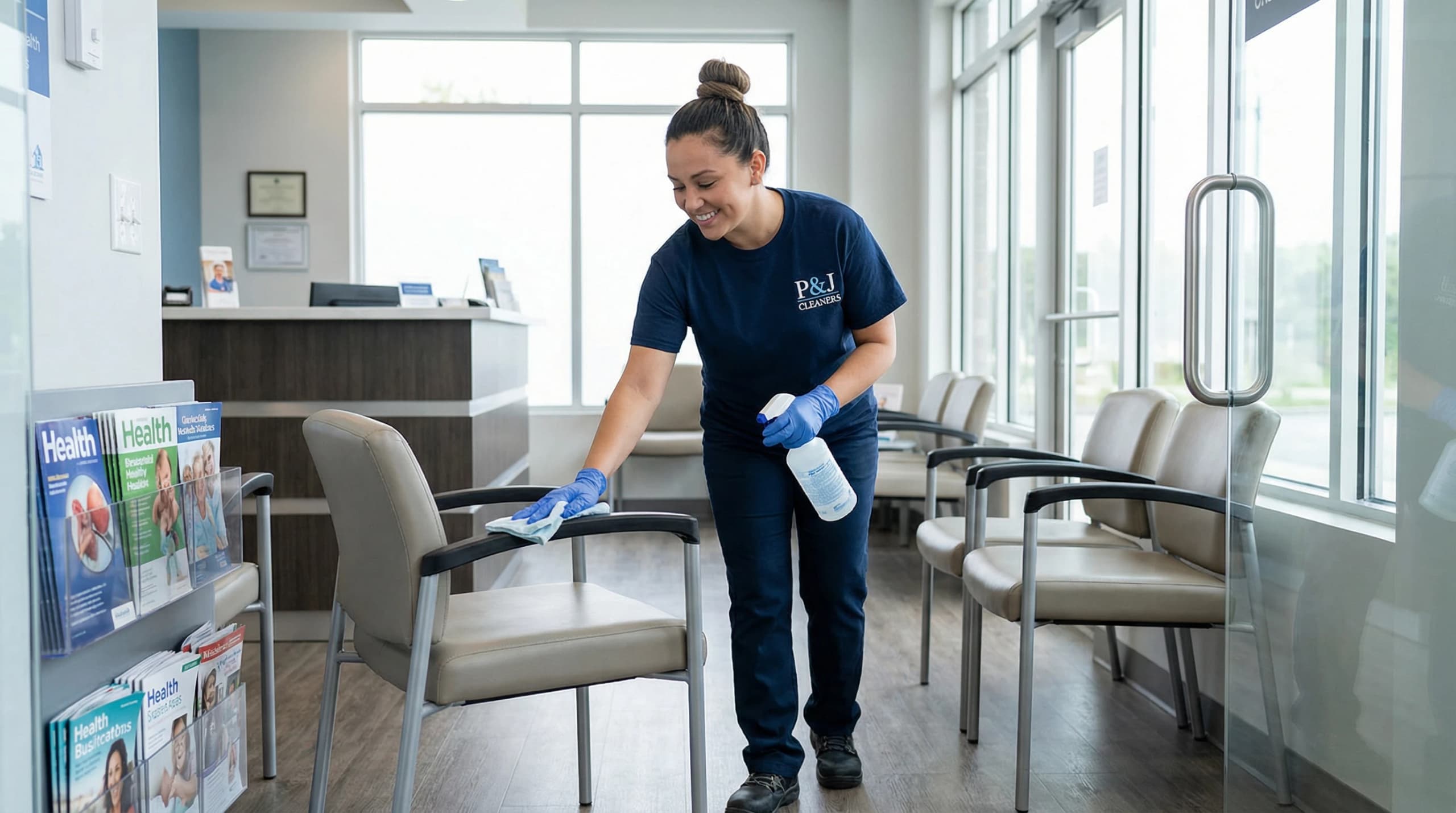 Cleaner wiping down chairs in bright modern medical office waiting room with plants