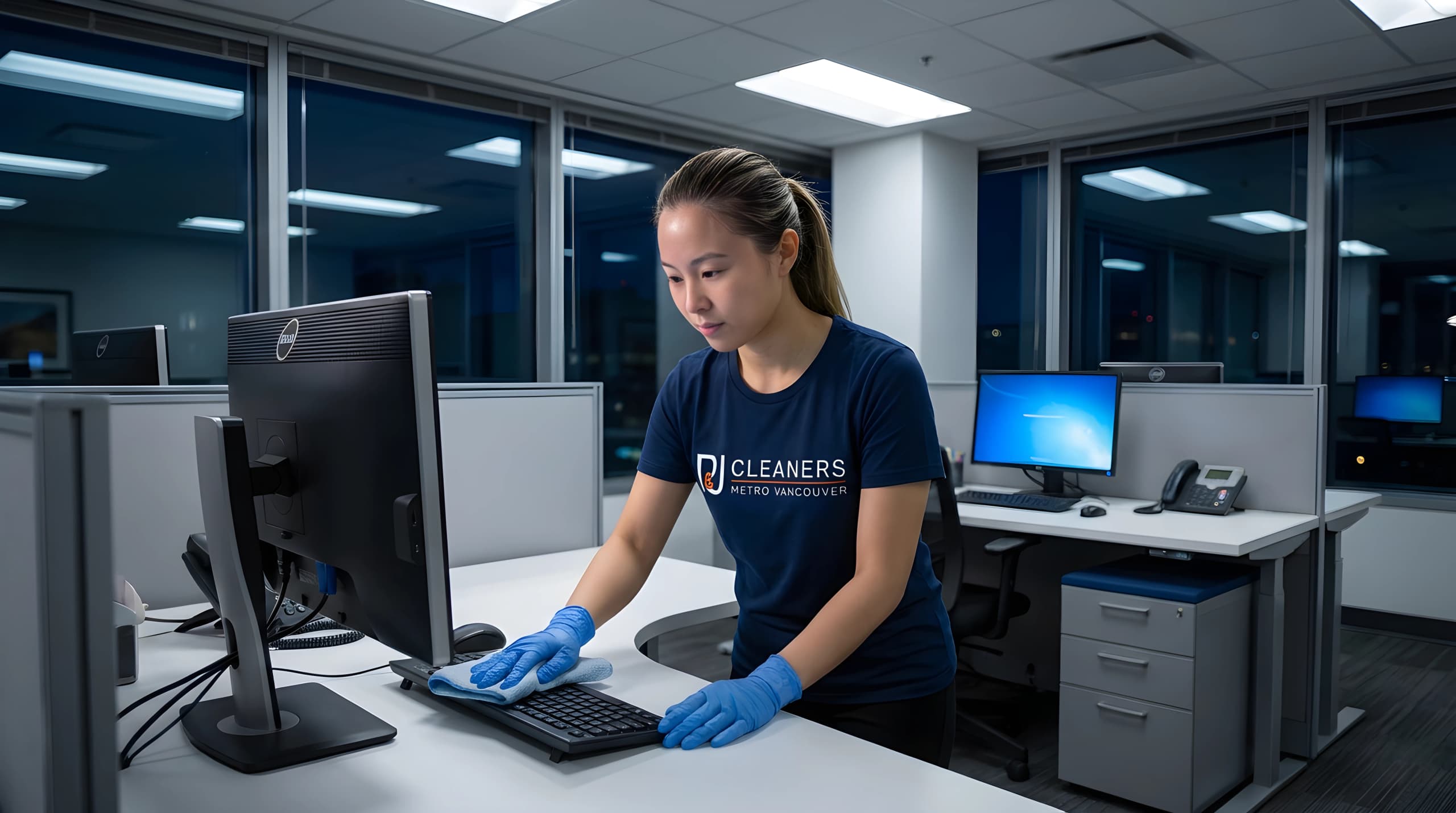 Professional cleaner reviewing detailed task checklist while sanitizing office cubicle workspace