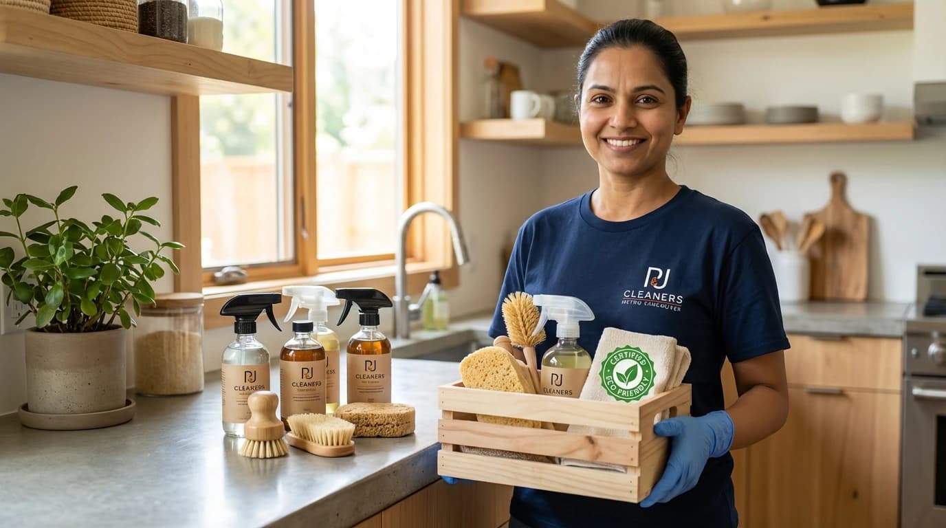 Professional cleaner with eco-friendly supplies ready for Richmond move-out cleaning service