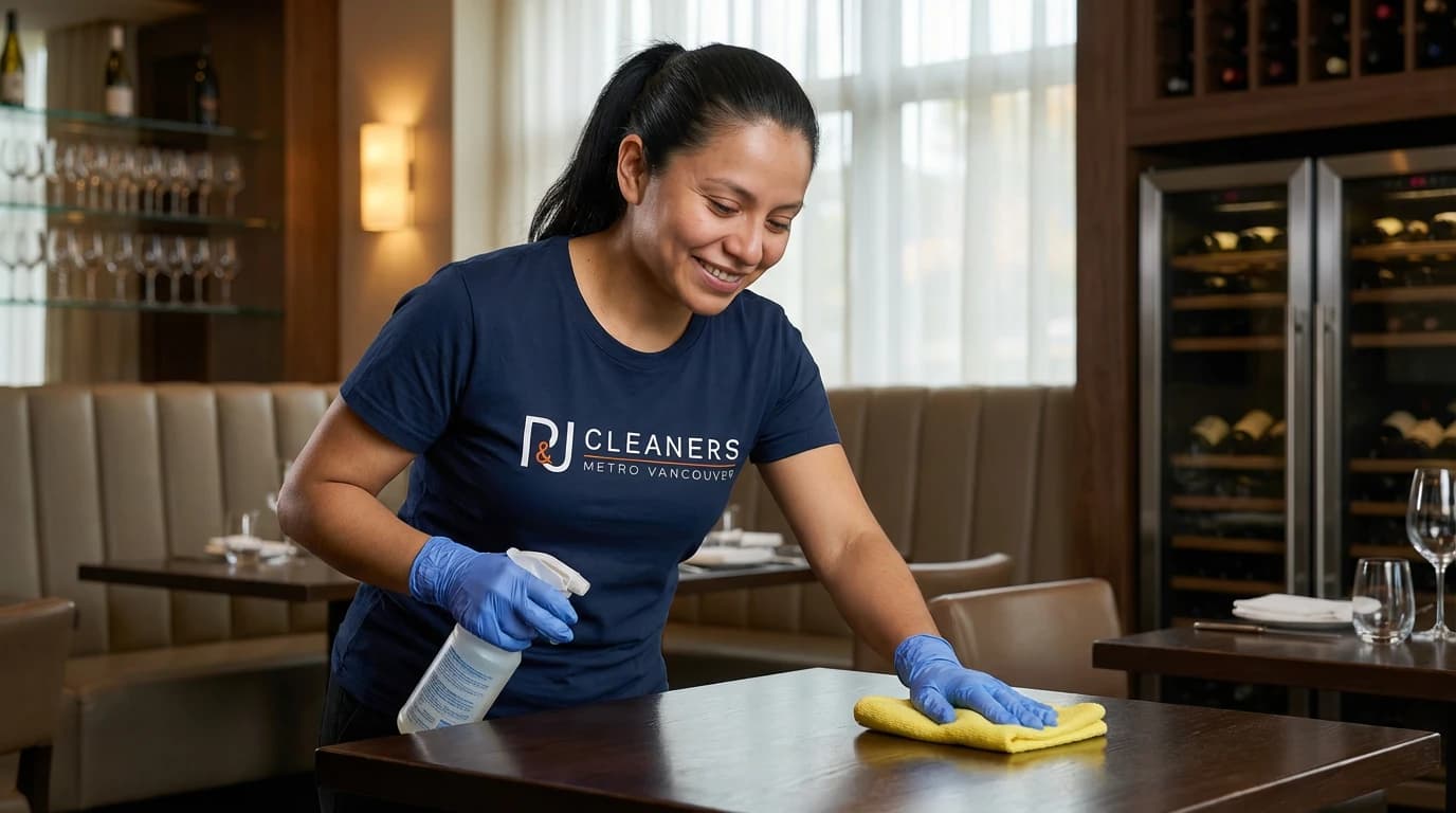 Professional cleaner wiping and sanitizing restaurant tables and booth seating with microfiber cloth