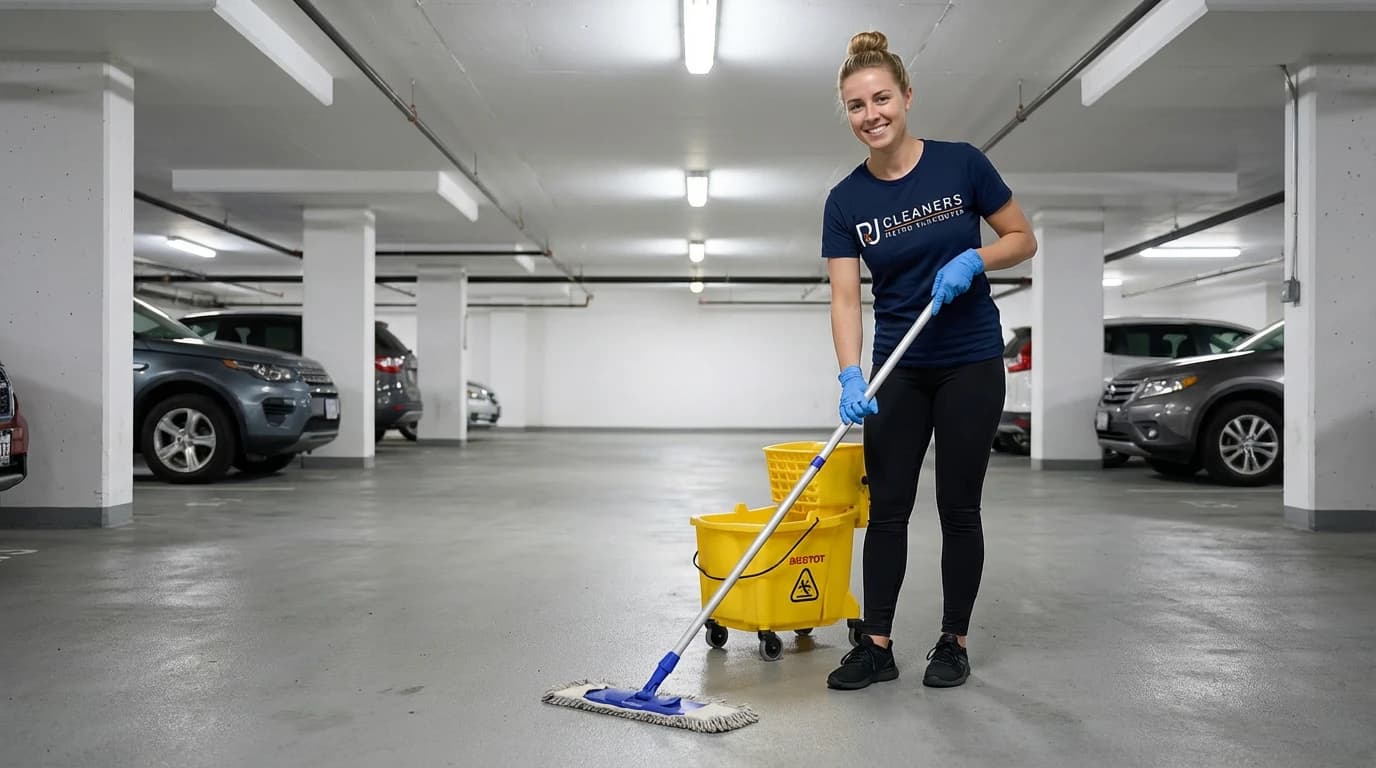 Professional cleaner maintaining strata building common area floors with proper equipment