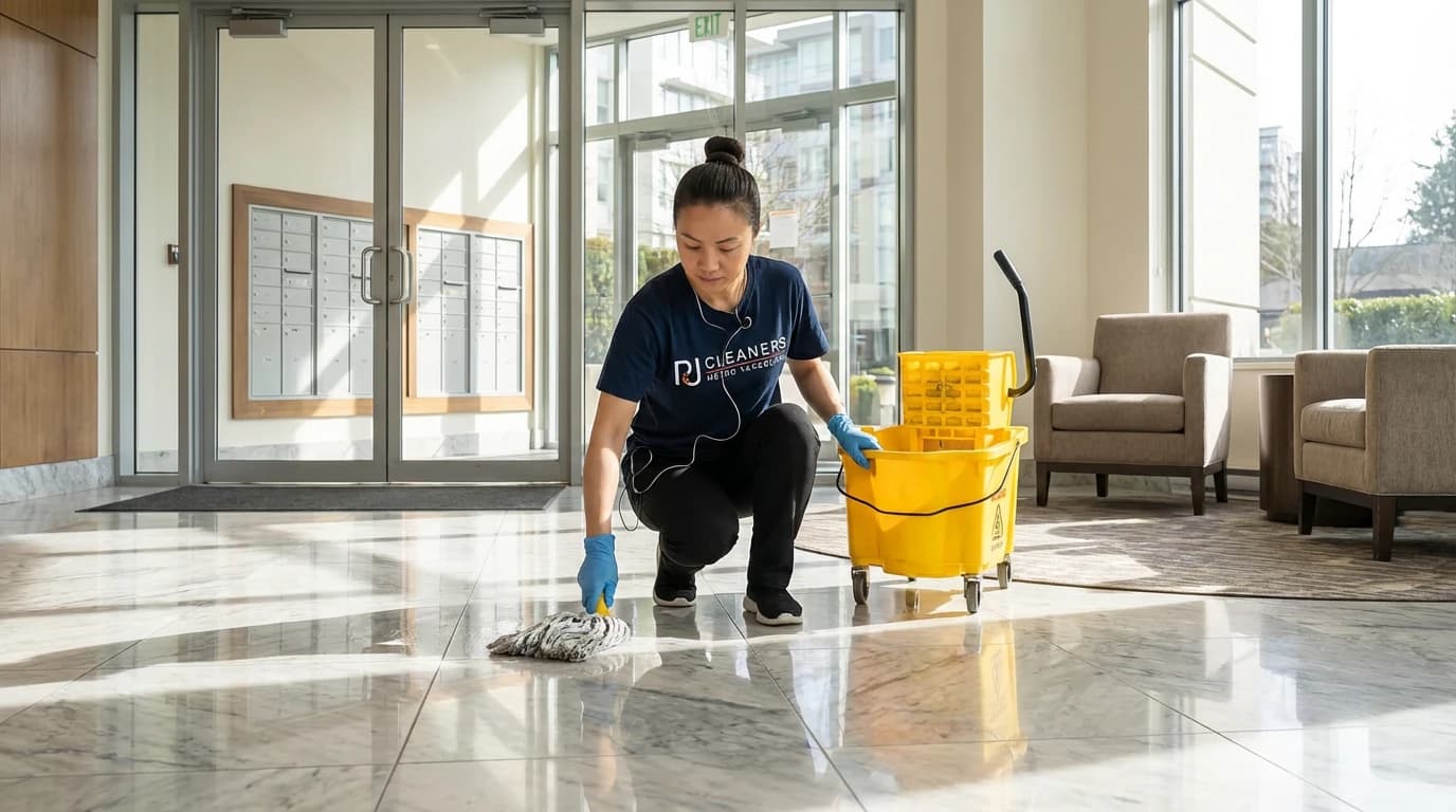 Professional cleaner hand mopping marble floor in modern condo building lobby