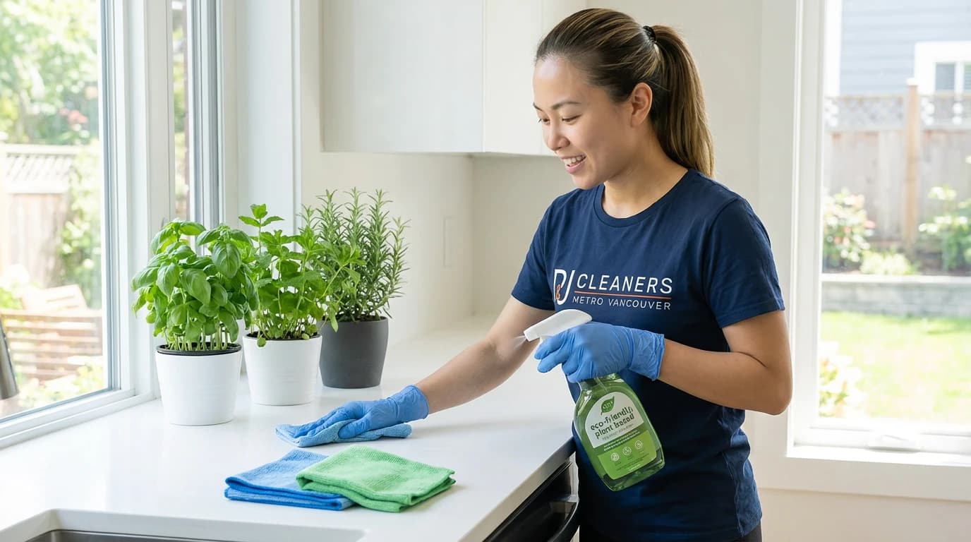 Cleaner spraying vinegar solution on kitchen counter with microfibre cloth and spray bottle