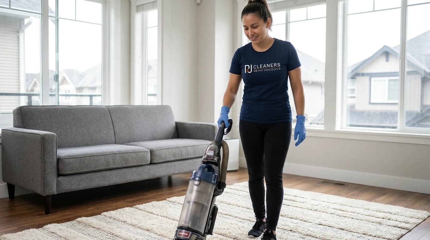 Professional cleaner using upright vacuum on area rug in modern living room
