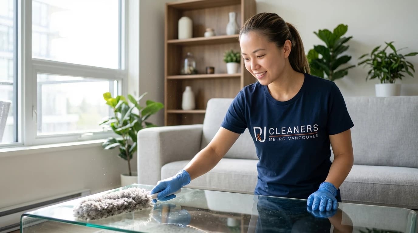 Professional cleaner dusting modern Coquitlam living room with mountain view