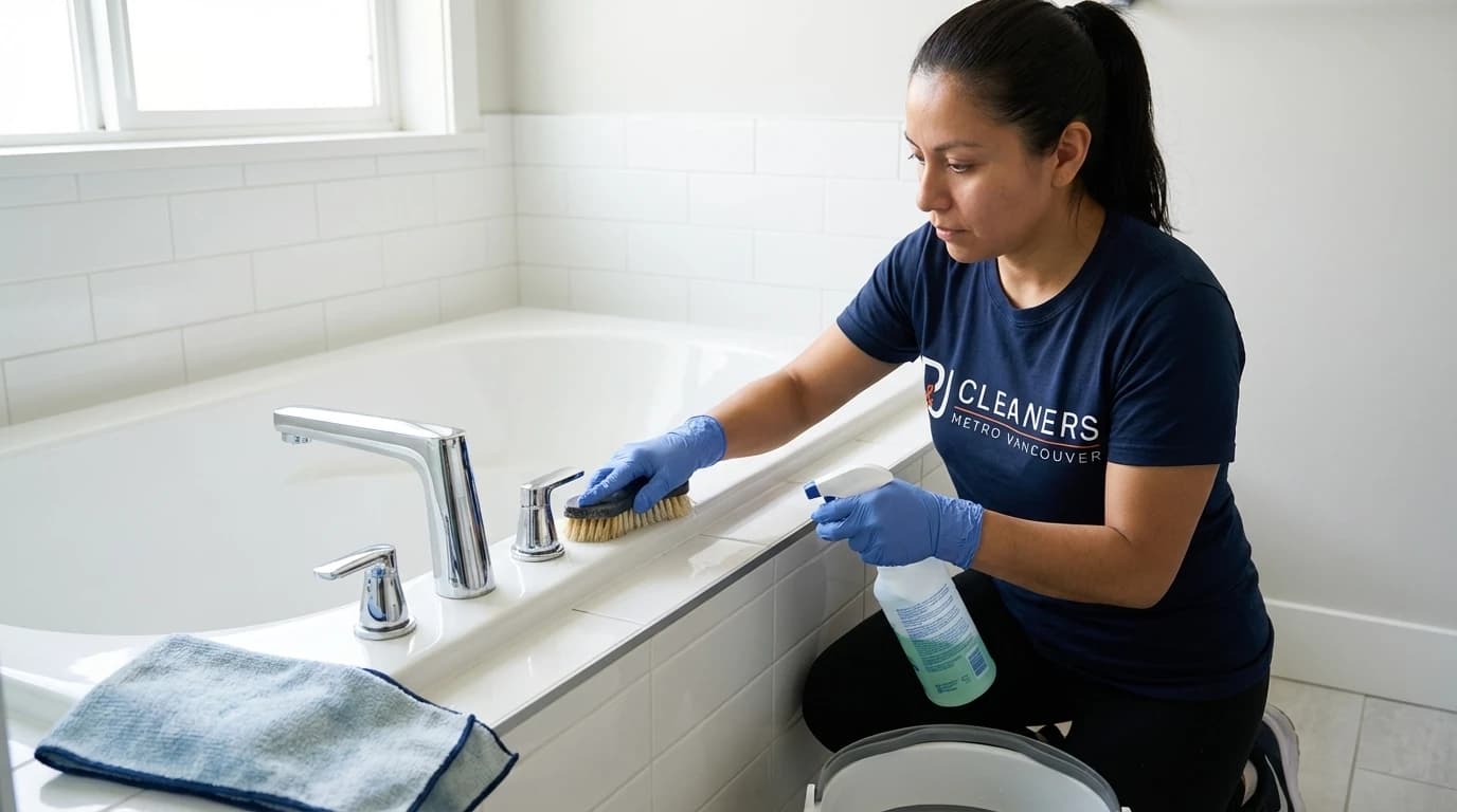 Professional cleaner scrubbing bathtub with brush and cleaning solution