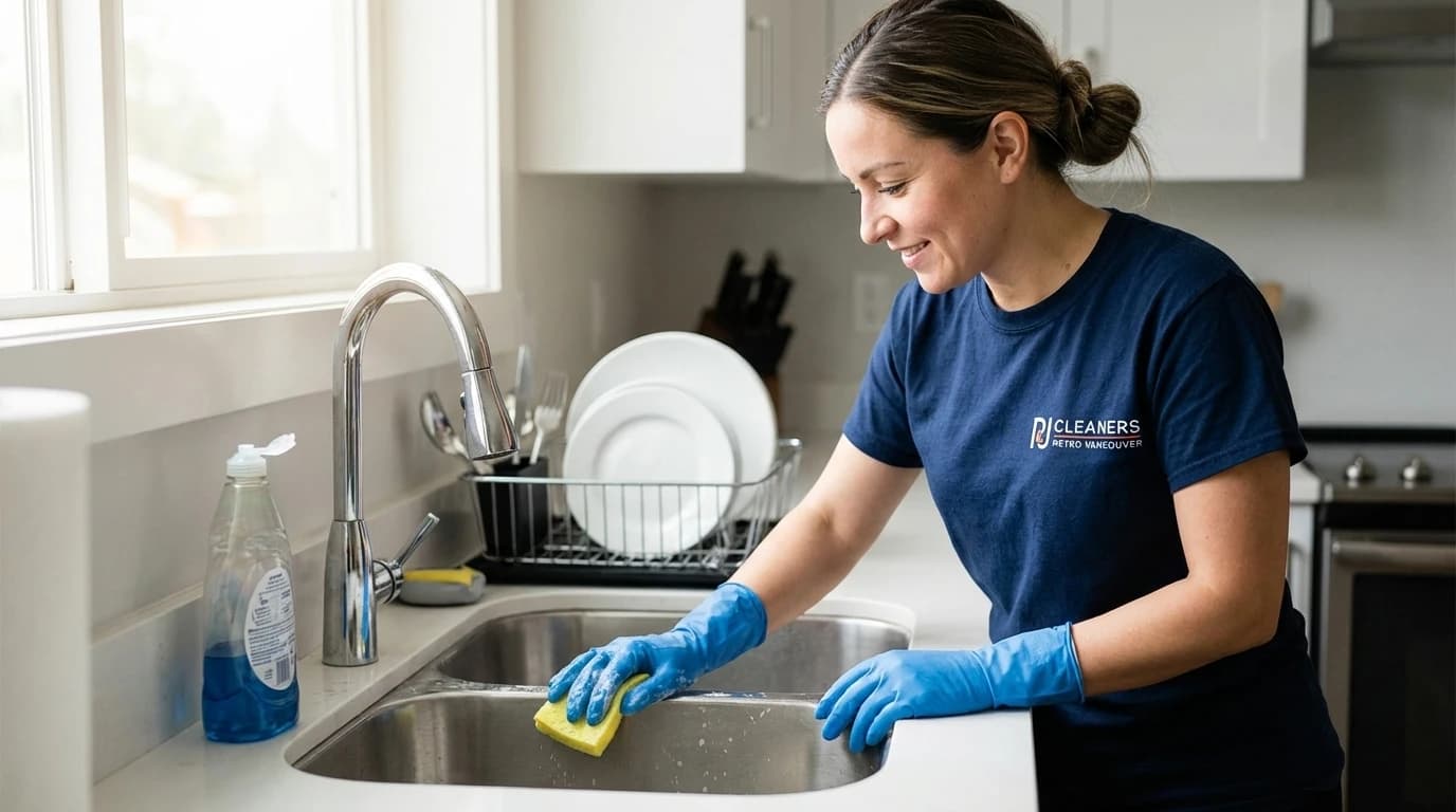 Professional cleaner scrubbing stainless steel kitchen sink with disinfectant and brush