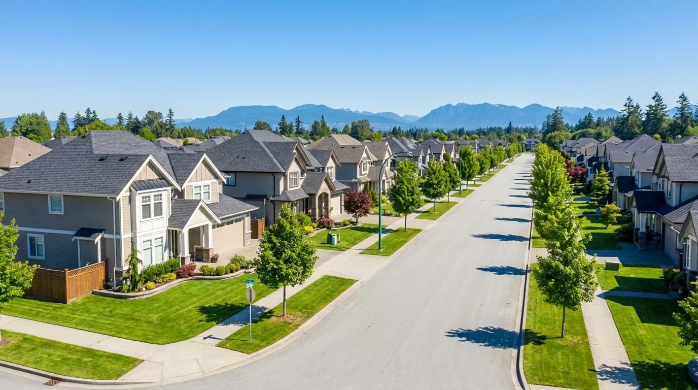 Suburban Langley neighbourhood with modern homes and maintained green lawns