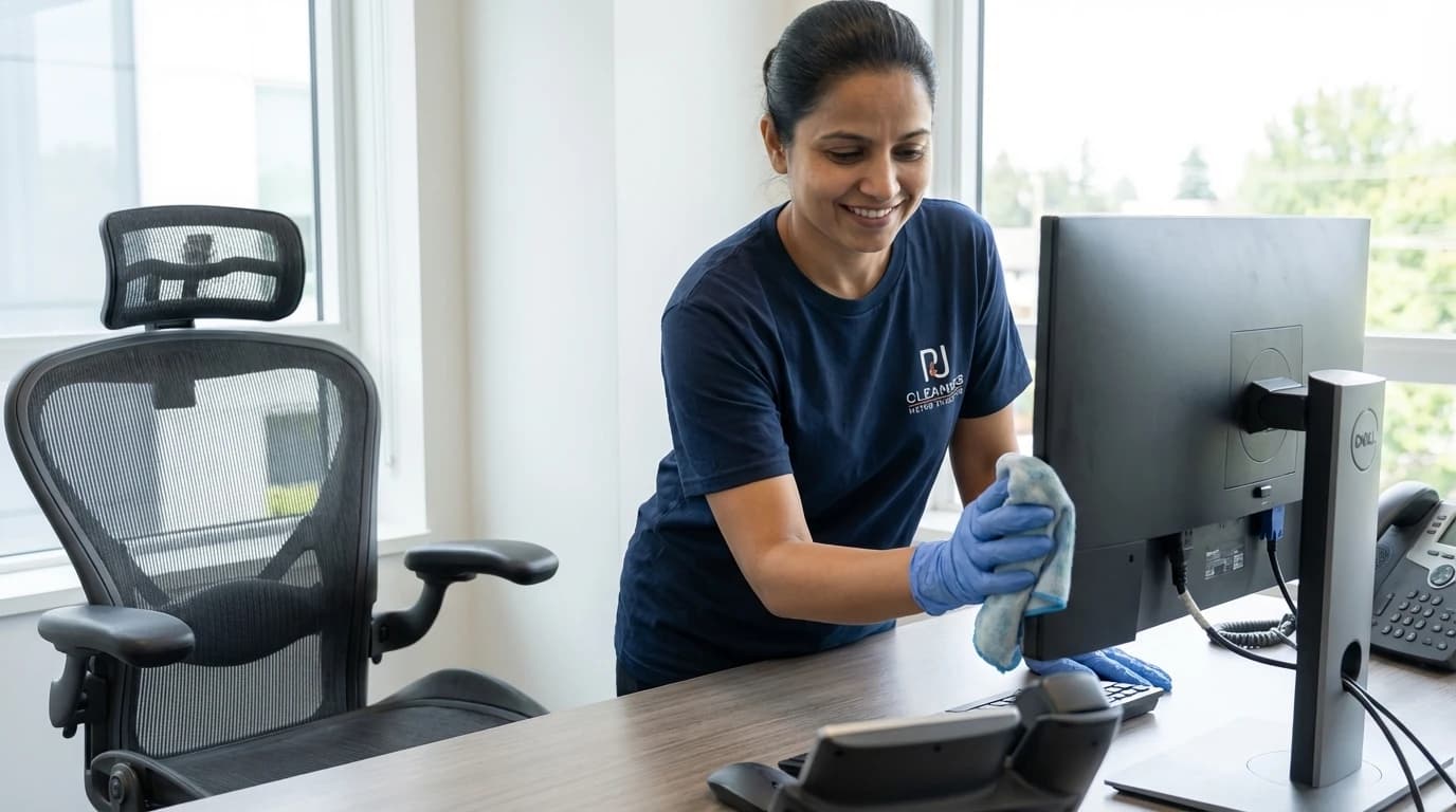 Professional cleaner vacuums office carpet and wipes computer monitor in modern workspace
