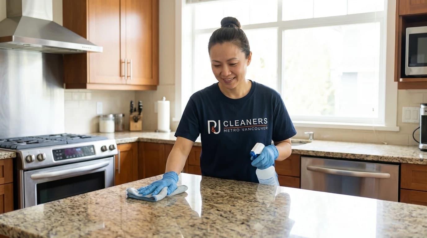 Professional cleaner wiping kitchen countertop with microfiber cloth
