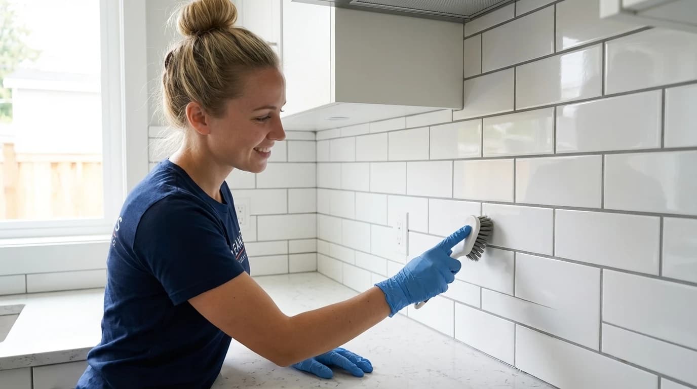 Professional cleaner scrubbing kitchen backsplash tiles with brush.