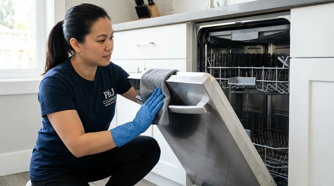 Professional cleaner cleaning appliance interior