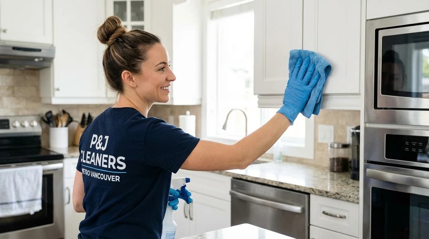 Professional cleaner wiping white kitchen cabinet fronts with damp microfiber cloth