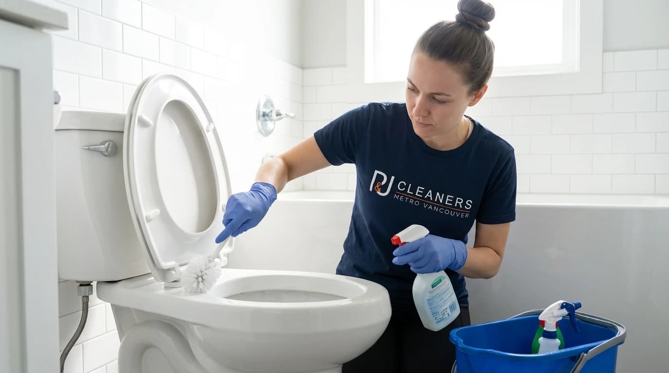 Professional cleaner scrubbing toilet with toilet brush and disinfectant