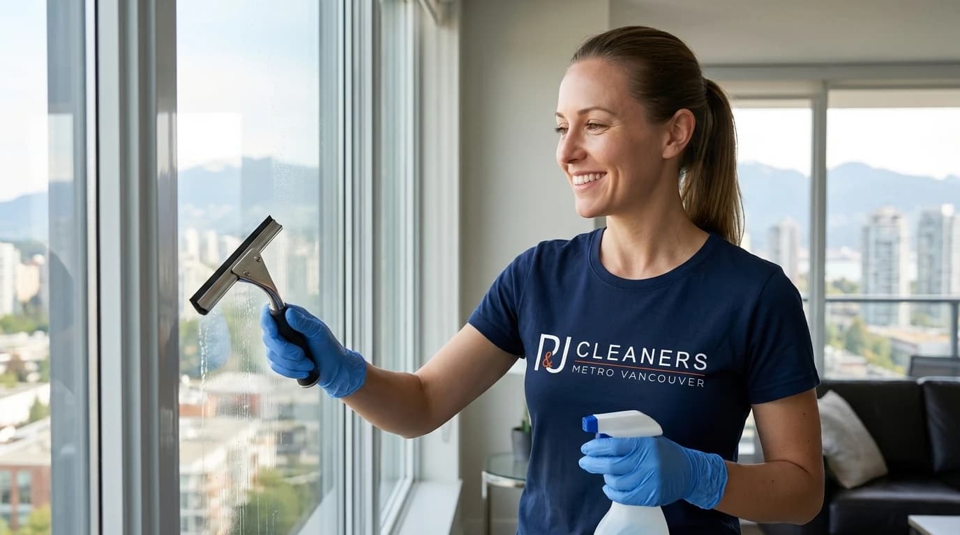 Professional cleaner wiping living room windows with squeegee and spray bottle