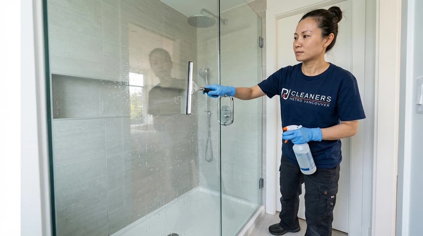 Professional cleaner scrubbing bathroom fixtures with proper technique and cleaning solution