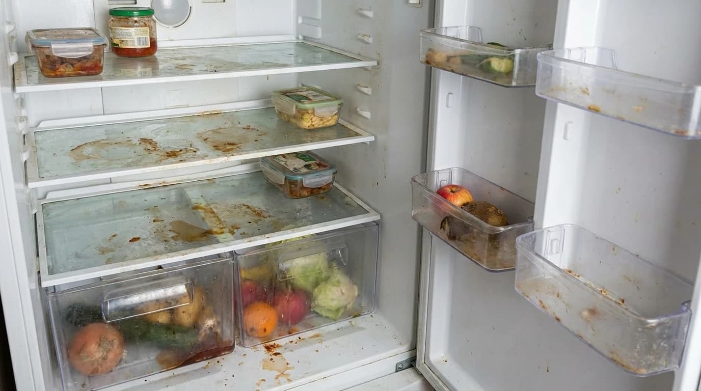 Dirty refrigerator interior with food spills and stains before professional move-out cleaning in Burnaby