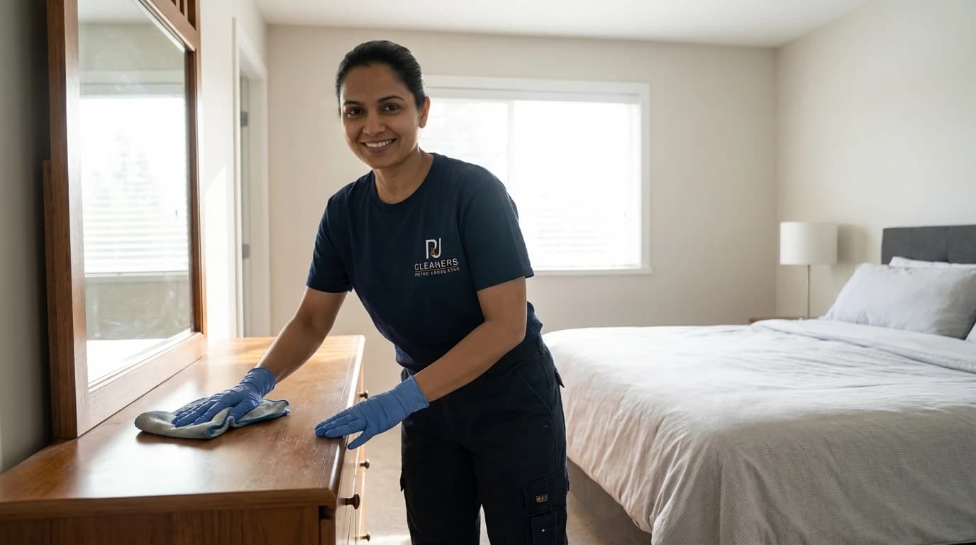 Detailed bedroom cleaning showing professional attention to furniture surfaces