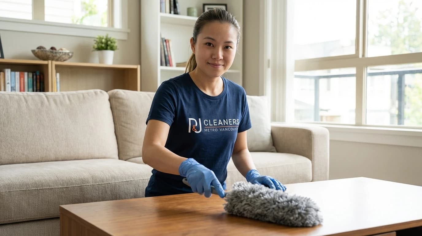 Professional deep cleaning service in West Vancouver living room with ocean view