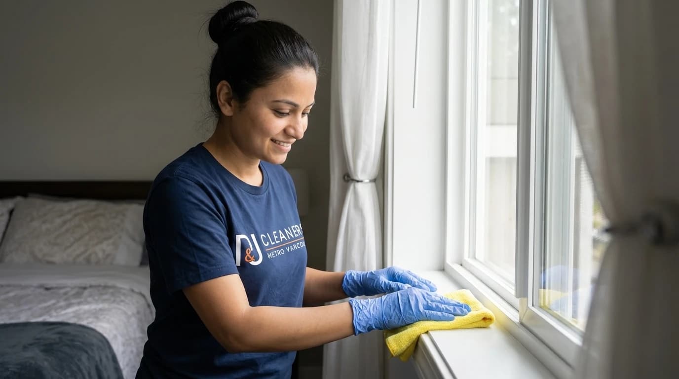 Professional cleaner gently wiping bedroom window sill in White Rock retirement home