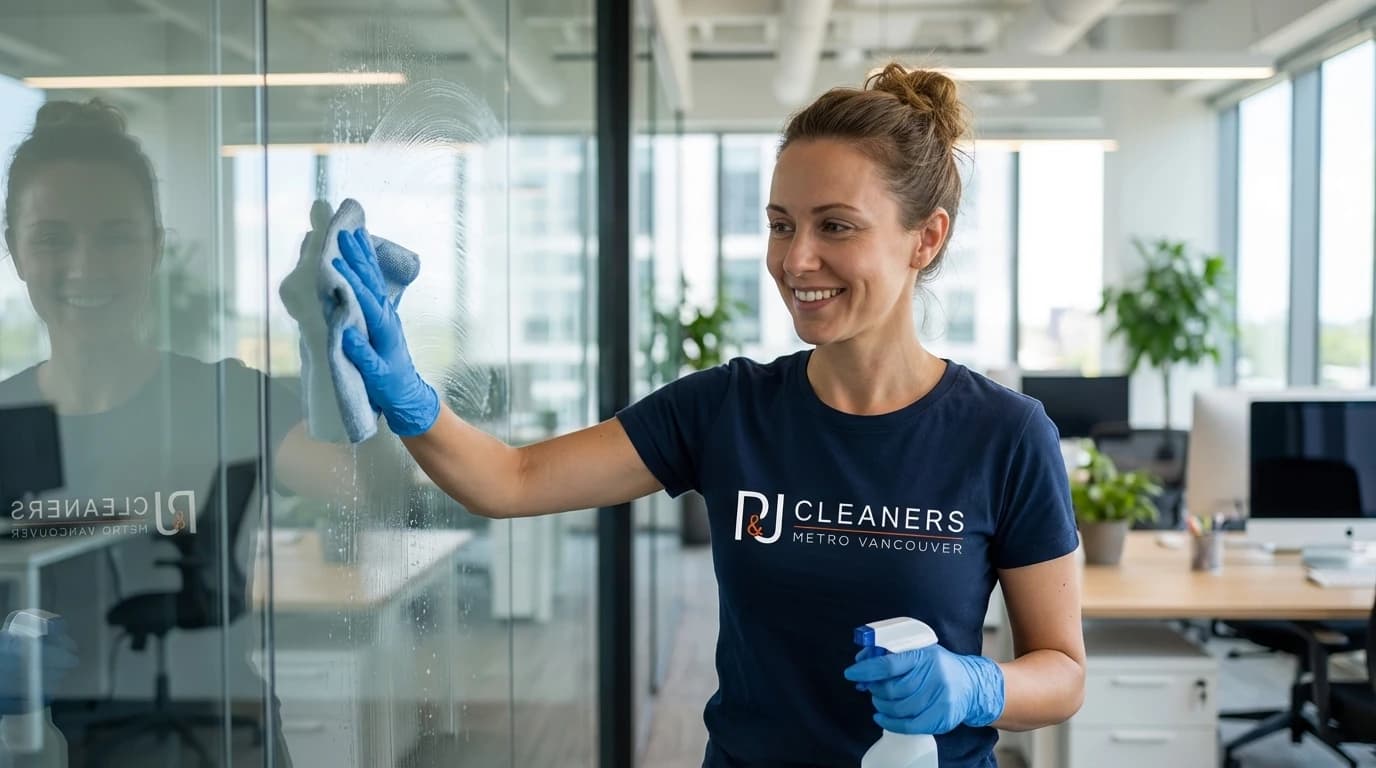 Cleaner wipes glass partition walls in modern open-concept office workspace