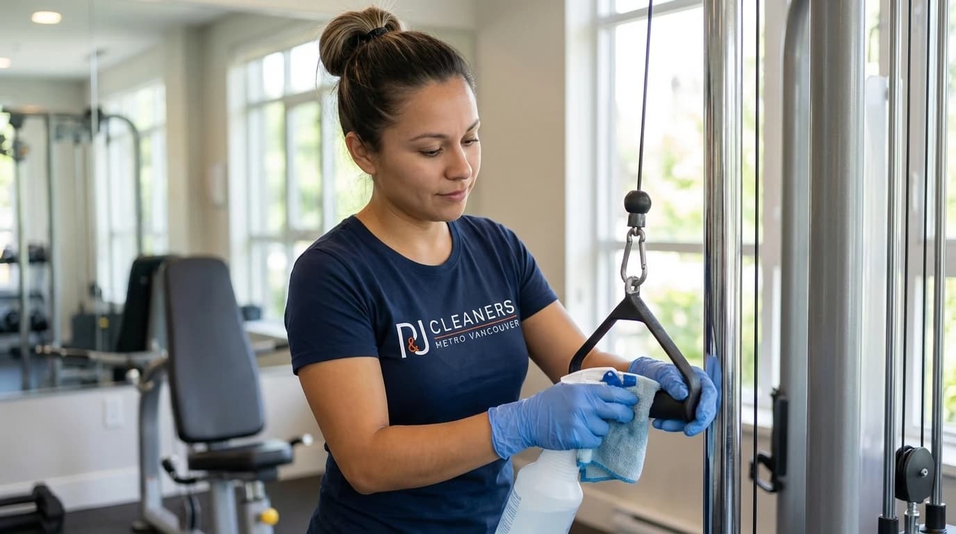 Professional cleaner sanitizing strata gym equipment with spray bottle and cloth