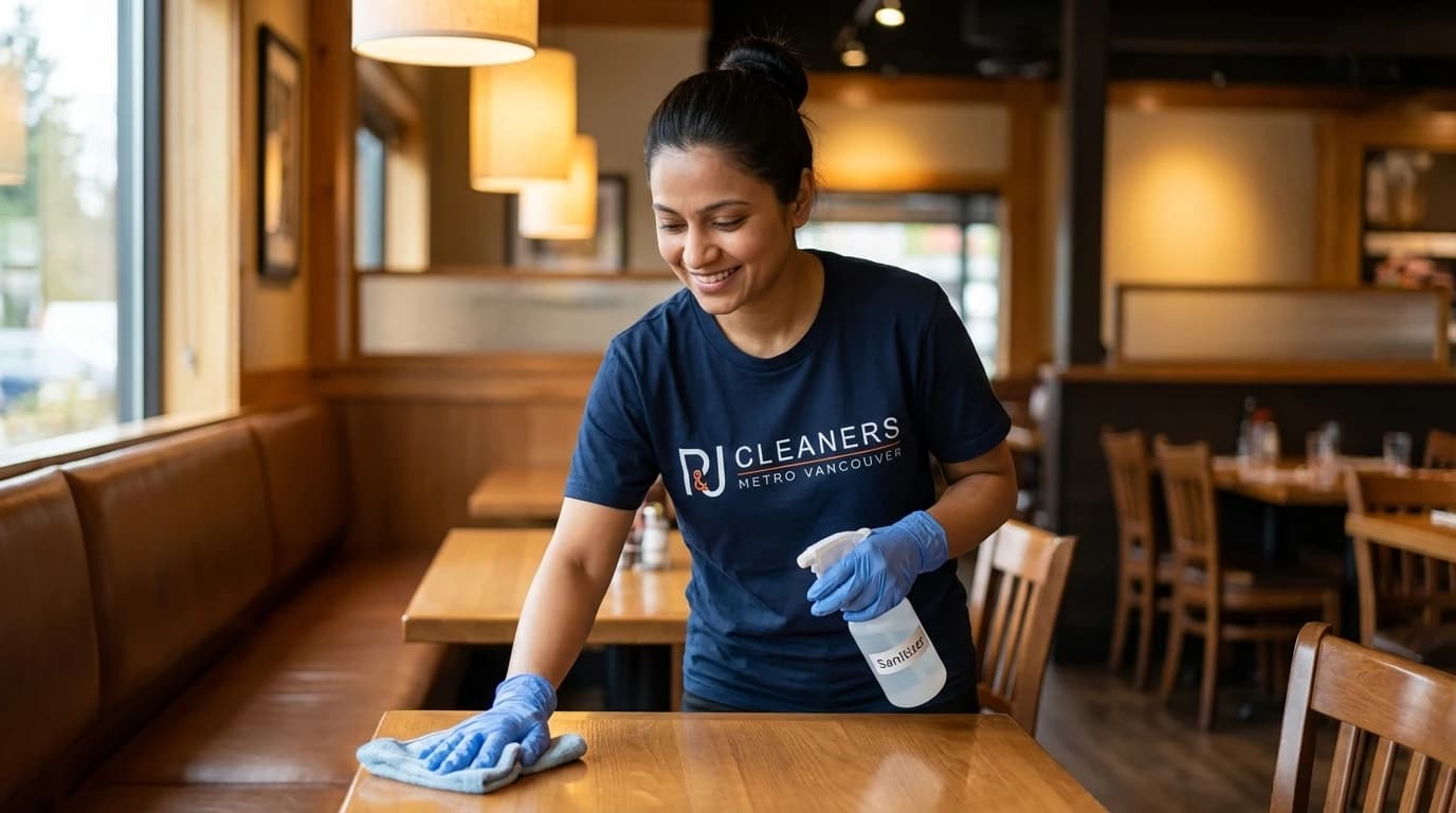 Professional cleaner sanitizing restaurant dining area with spray bottle and microfiber cloth