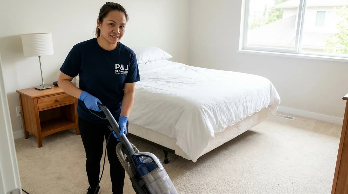 Professional cleaner using HEPA vacuum on bedroom carpet to remove allergens and dust mites