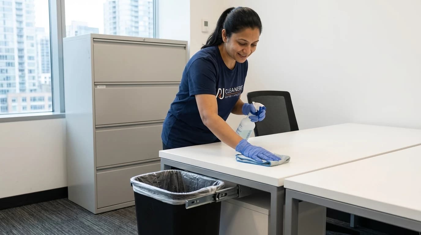 Cleaner disinfects office desk surface and empties waste bin during daily maintenance