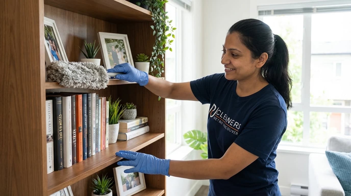 Professional cleaner dusting modern bookshelf in Willoughby Heights living room