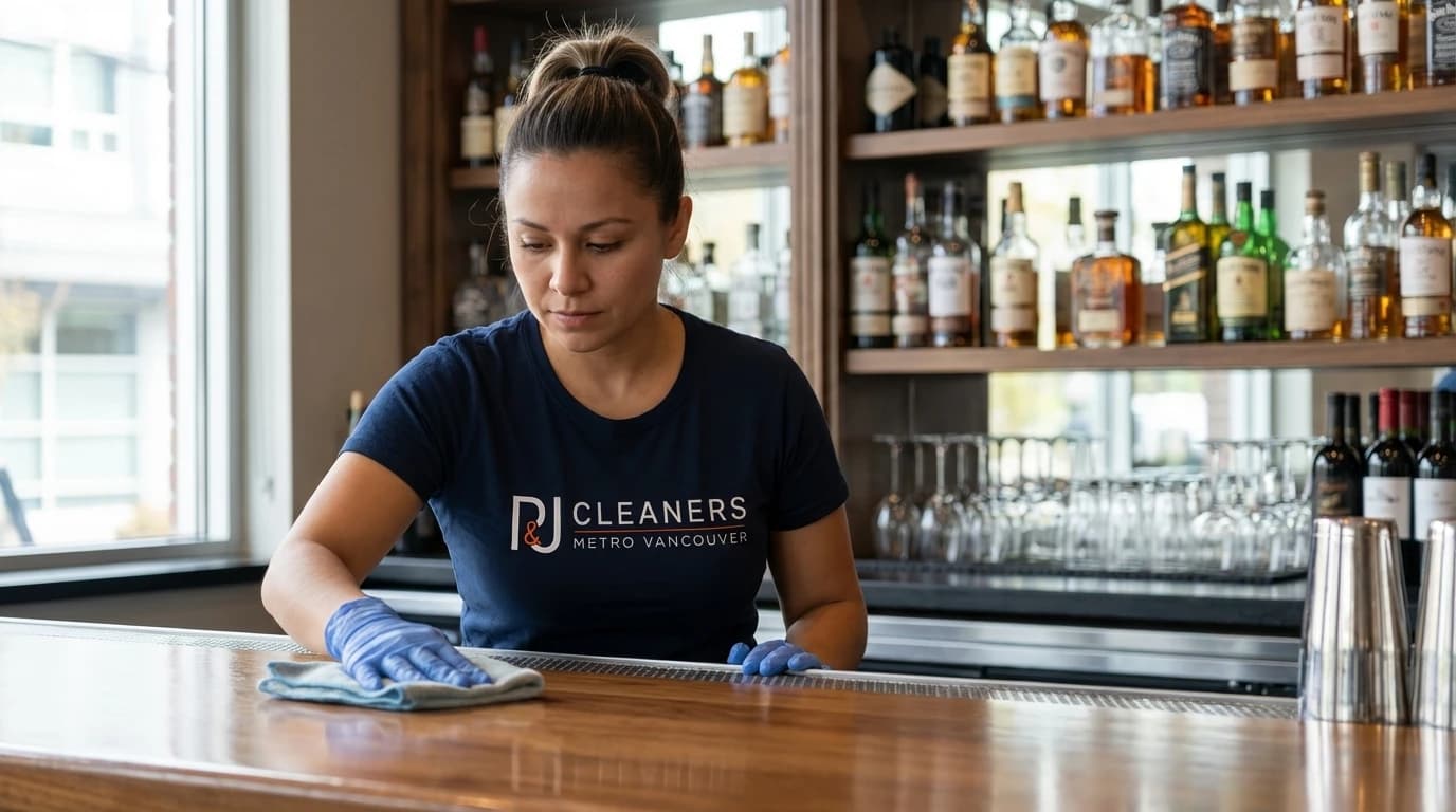 Professional cleaner sanitizing restaurant bar counter between event bookings